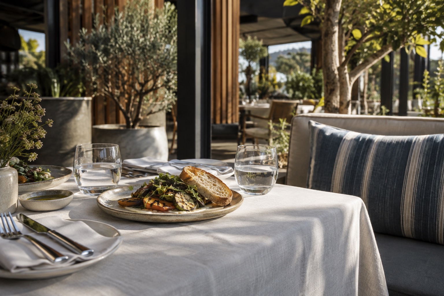 A sunlit terrace table set for a leisurely meal.